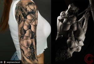 Kayleigh Swenson Seven deadly sins tattoo with double shibari suspension of Fuoco and Gorgone.